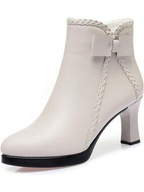 Women’s White Pointed Toe High Heel Ankle Boots Side Zip Fur Lined Booties
